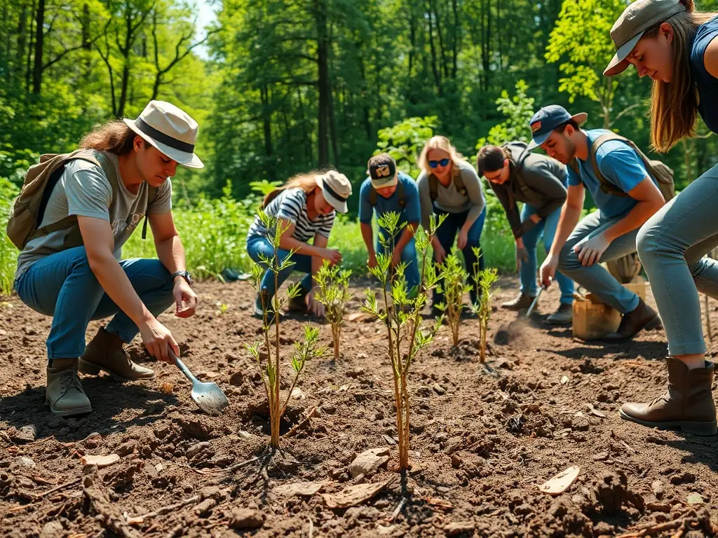 A photograph of participants engaged in a hands-on workshop on sustainable gardening practices at the Arboretum du Chêne-Vert. The participants are planting seedlings and learning about composting techniques, emphasizing the practical skills gained from the workshop.