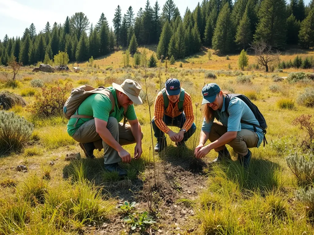 A vibrant image of volunteers participating in a tree-planting event at the Arboretum du Chêne-Vert. The volunteers are working together to plant saplings, symbolizing the community's commitment to environmental conservation and the Arboretum's mission.