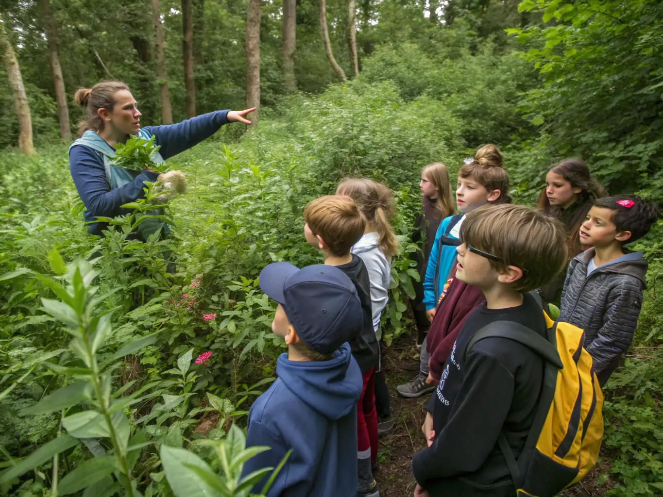 A group of children participating in a guided nature walk through the Arboretum du Chêne-Vert, led by an experienced environmental educator. The children are observing plants and insects with magnifying glasses, showcasing the educational aspect of the program.