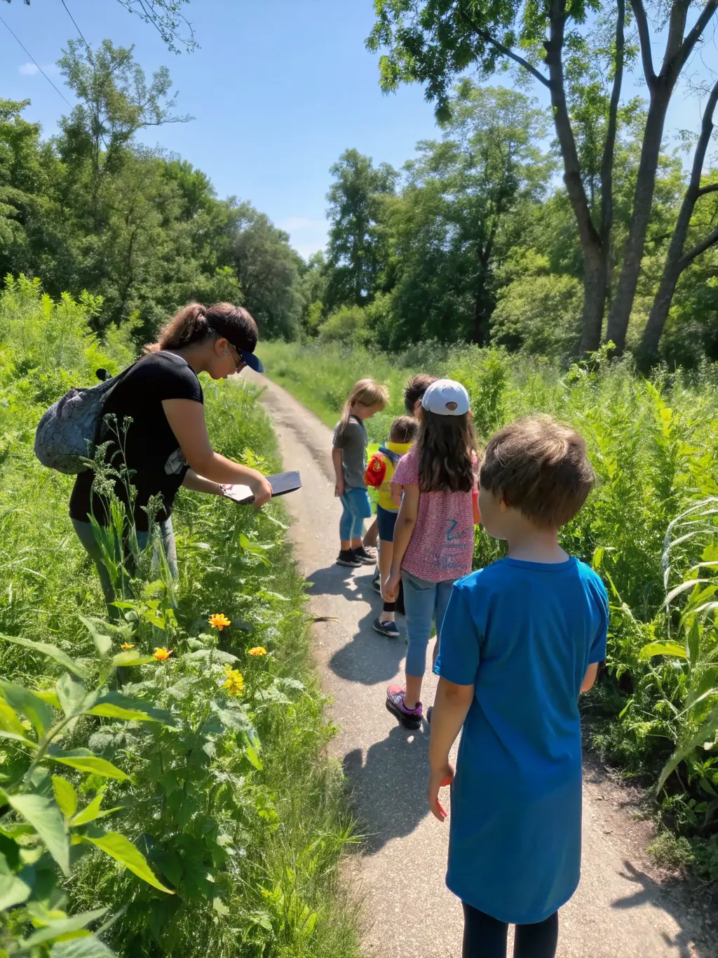 Children participating in an educational tour of the Arboretum du Chêne-Vert, learning about local flora and fauna.