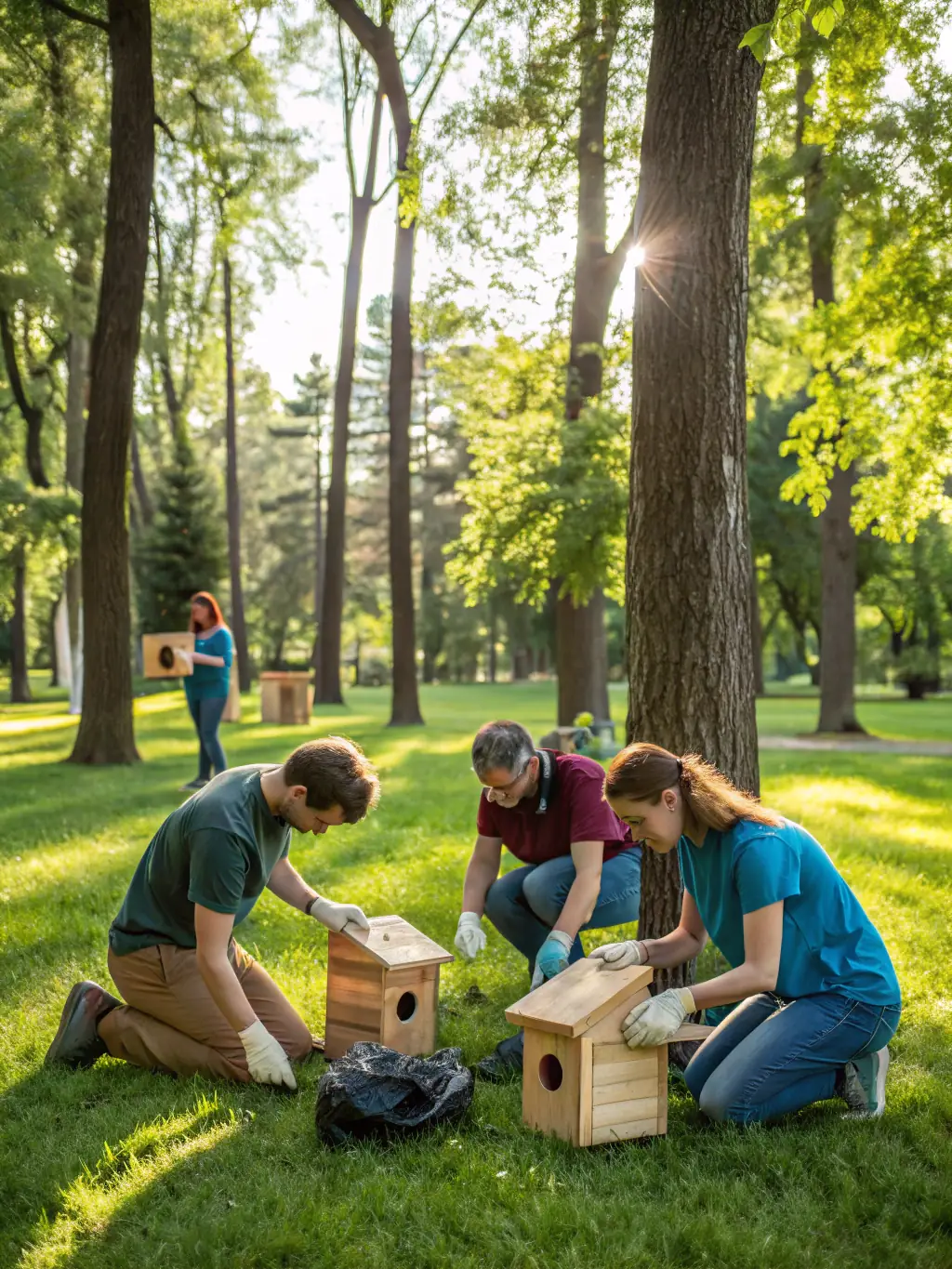 A community cleanup event at the Arboretum du Chêne-Vert, showing volunteers collecting litter and maintaining the park's cleanliness.