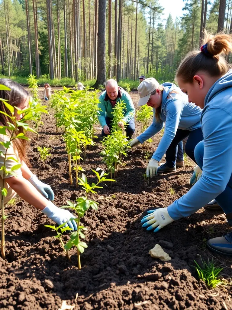 A group of volunteers planting young trees in the Arboretum du Chêne-Vert, focusing on reforestation efforts and community involvement.