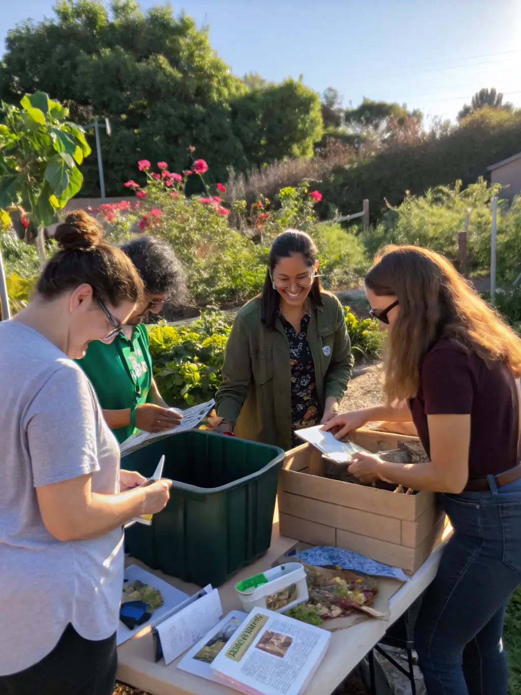 A workshop session where participants are learning about sustainable gardening practices and composting techniques.